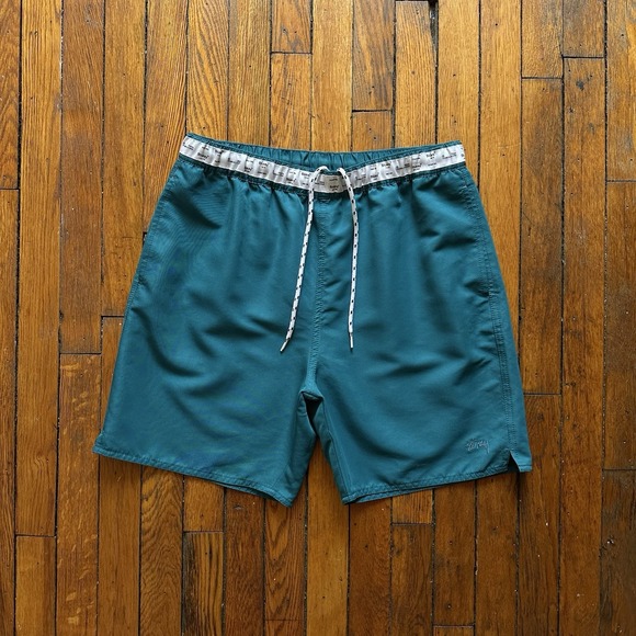 Stussy Stock Water Shorts Trunks Men Medium Teal Blue Mesh Pockets Surfing Beach - Picture 1 of 9